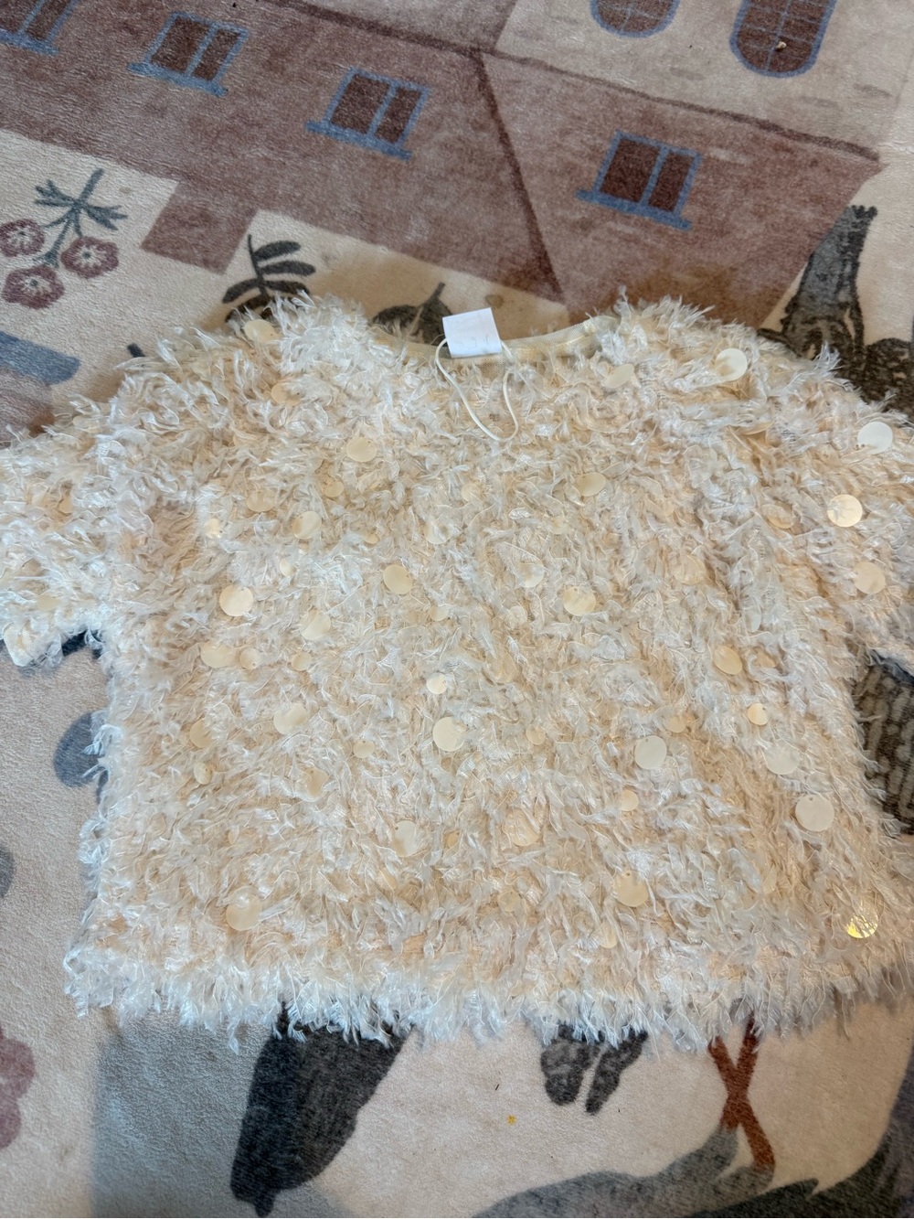 Zara Cream Shaggy Sequin Short-Sleeve Top